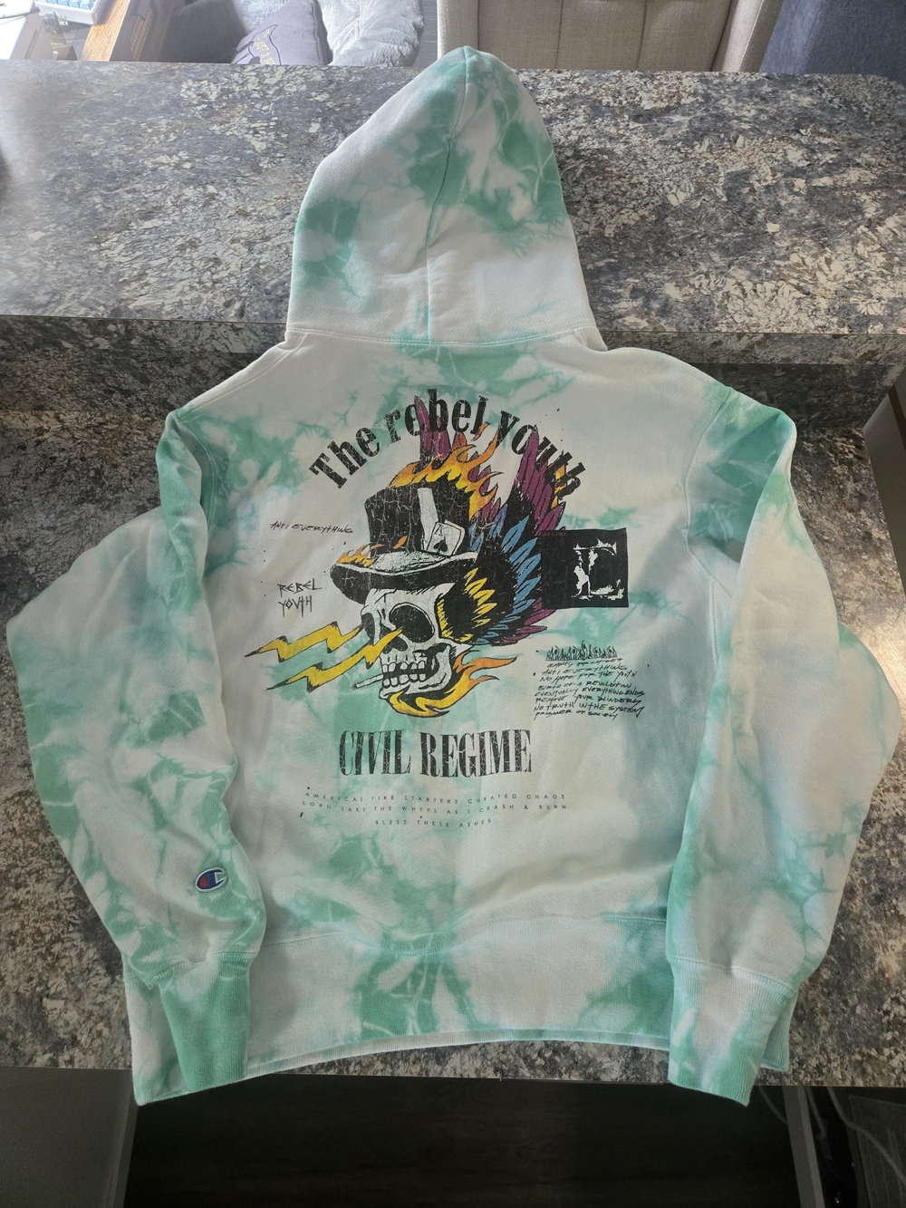 Civil Regime Champion Tie-Dye Hoodie in Aqua and White